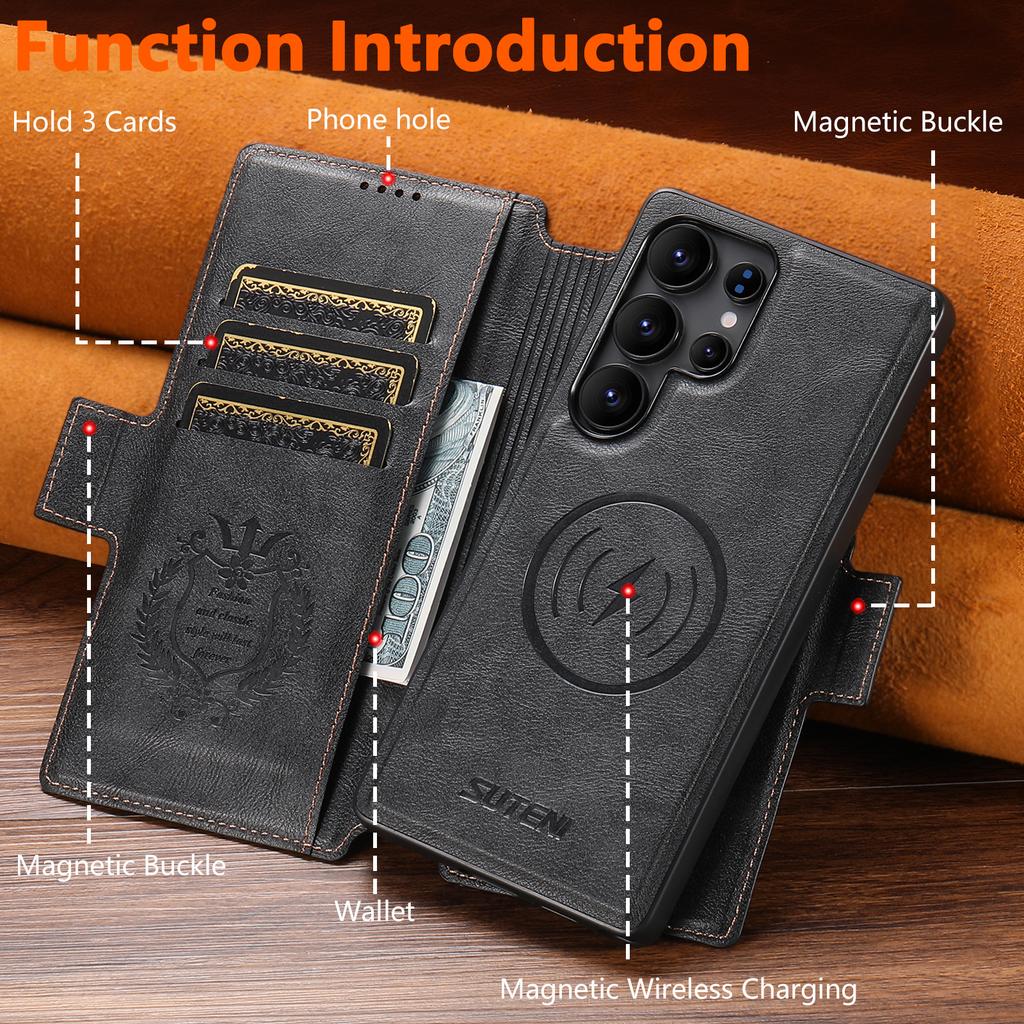 SUTENI Q-07 For Samsung Galaxy S25 Ultra Case Magnetic Color Splicing Cowhide Texture Leather Cover