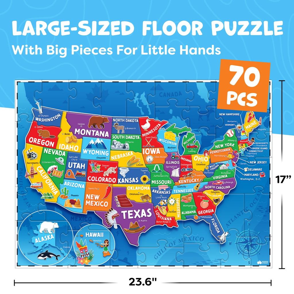 Momo & Nashi Amerikanisches Puzzle für Kinder von 4-6 Jahren - Lernspielzeug für Jungen und Mädchen Alter 3 - 70 Teile Amerikanische Karte Kinderpuzzle 50 Staaten und Hauptstädte