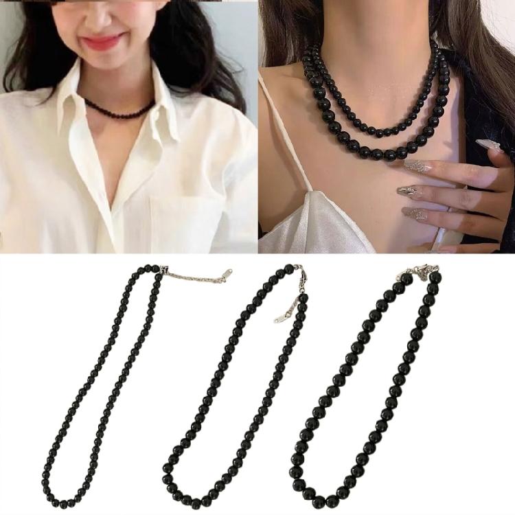 Strands Necklace Black Pearls Necklace Round Imitation Pearl Choker Clavicle