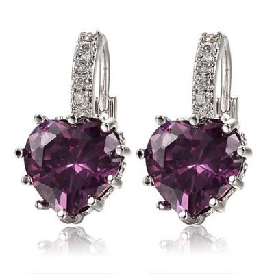 Women Elegant Purple Heart Shape Leverback Hoop Earrings