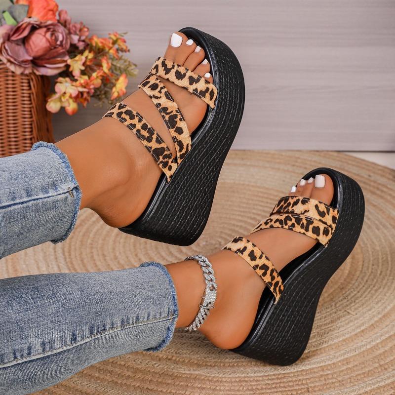 Women's Wide Width Leopard Print Slides, Platform Wedge Outdoor Slippers, Wholesale Summer Sandals for Women