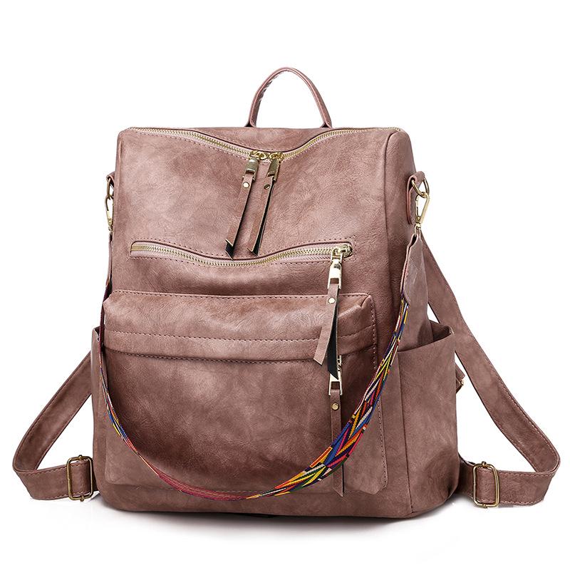 Retro High Capacity Women's Backpacks High Quality PU Leather Waterproof Ladies Shoulders Bag Fashionable Widened Shoulder Strap Girl Female Rucksacks