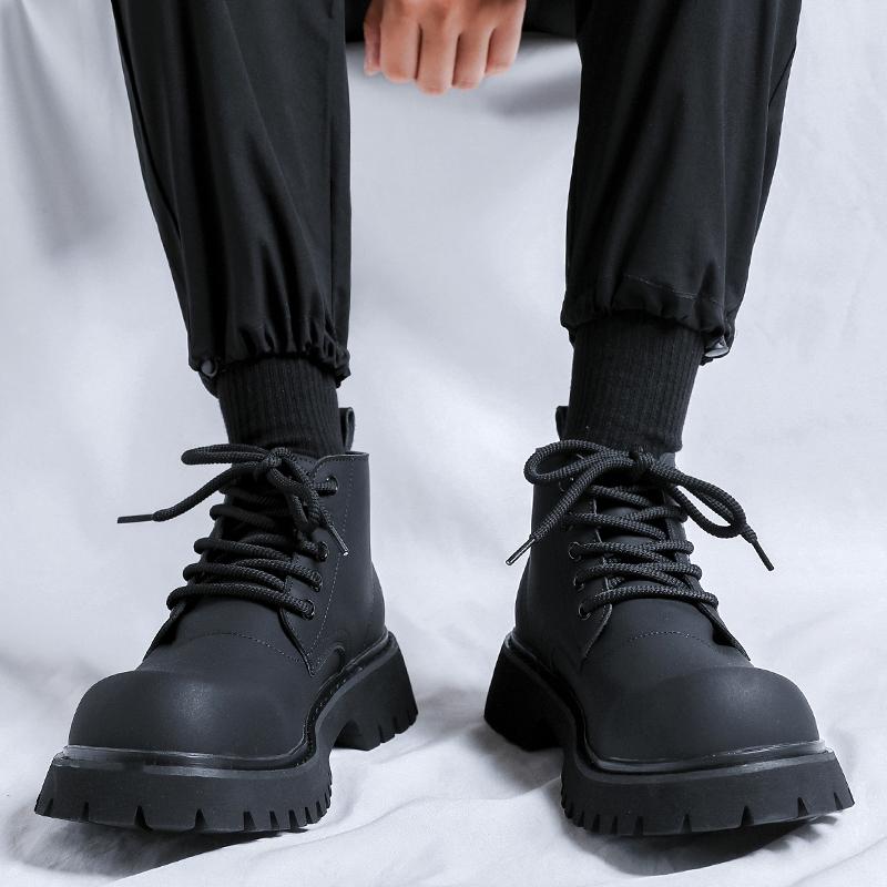 Winter Velvet Lace Up Outdoor Ankle Boot Business Formal High Top Leather Shoes New Thick Soled Round Toe Men's Motorcycle Boots