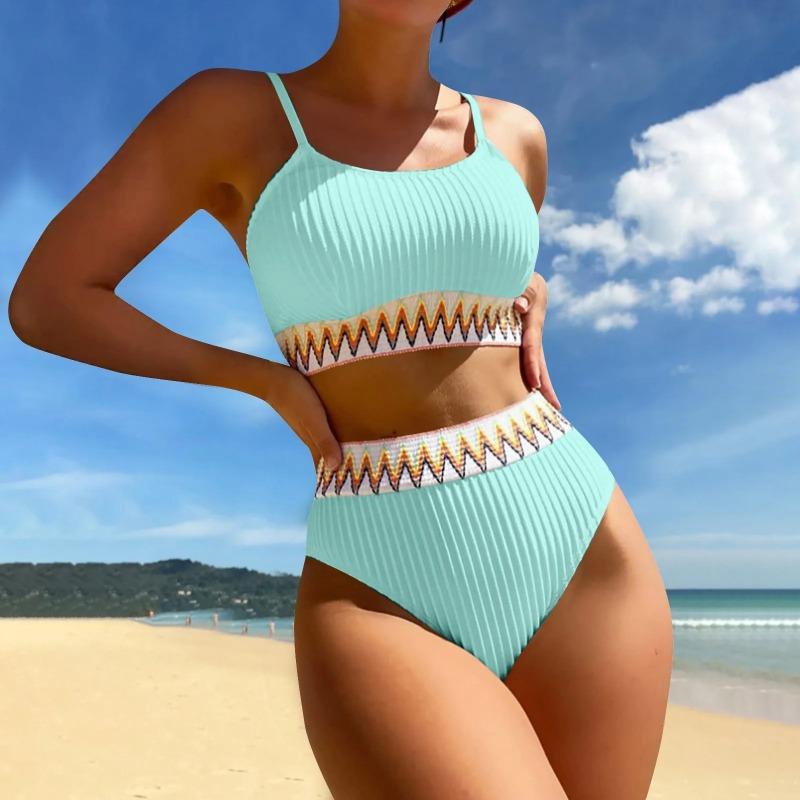 Women'S High Waist Bikini Set V Neck Two Piece Swimsuit Color Block Front Twisted Swimsuit