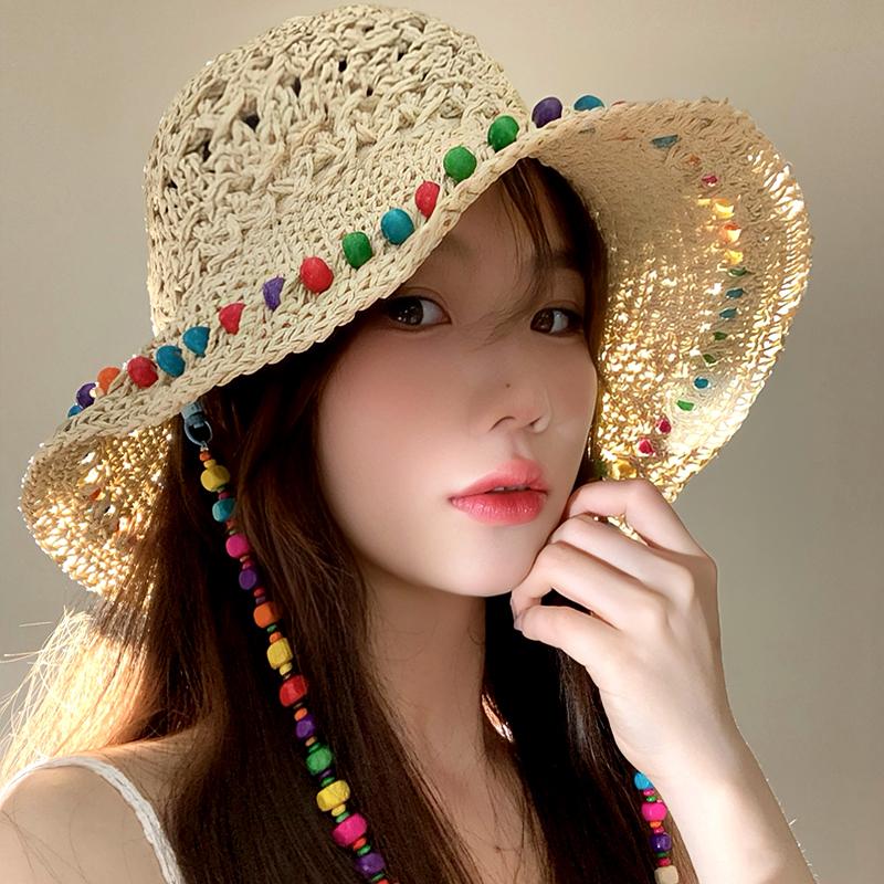 Hyunya wind colored bead straw hat women's summer hollow foldable sunshade sunscreen hat big brim beach bucket hat
