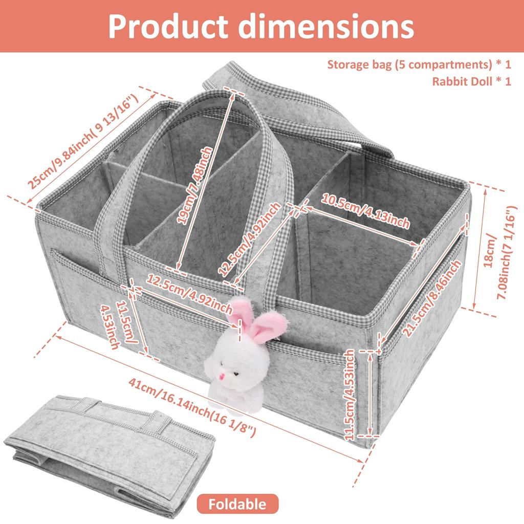 Baby Diaper Caddy Felt Baby Diaper Organizer with 5 Compartments Portable Nursery Storage Basket Nappy Diaper Changing Organizer