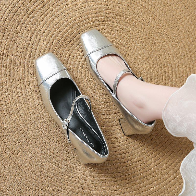 

New 2025 Xiaoxiangfeng temperament high heels thick heel belt Mary Jane single shoes women s head spring and autumn word silver 40