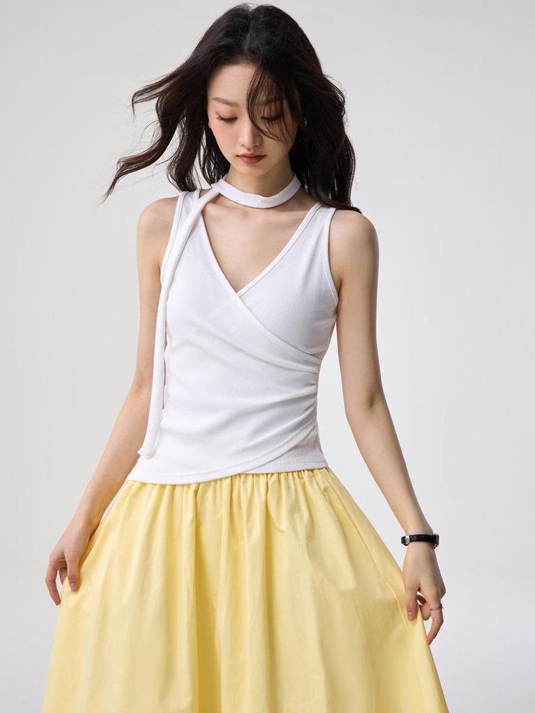 Tencel Lyocell Halter Neck Vest with Detachable Ribbon, Women’s Summer Outerwear.