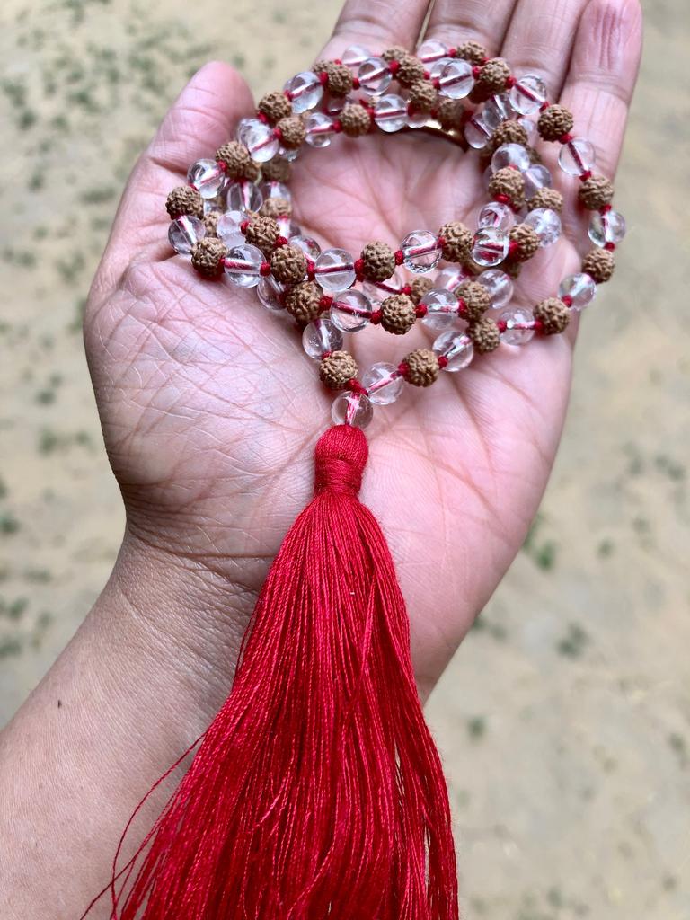 Indian Origin Rudraksha + Sfatik/ Sphatik Mala 108+1 Bead 5 mukhi 5 faces Lord Shivas Rosary Jaap Mala Yoga Prayer Healing Meditation 6 mm