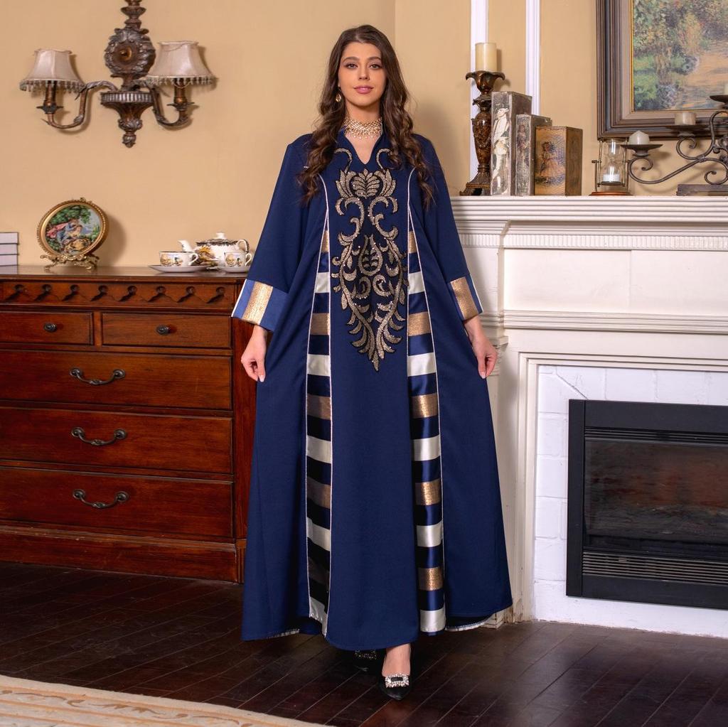 AB052 Women's Embroidered Striped Abaya - Middle East Arabic Muslim Robe