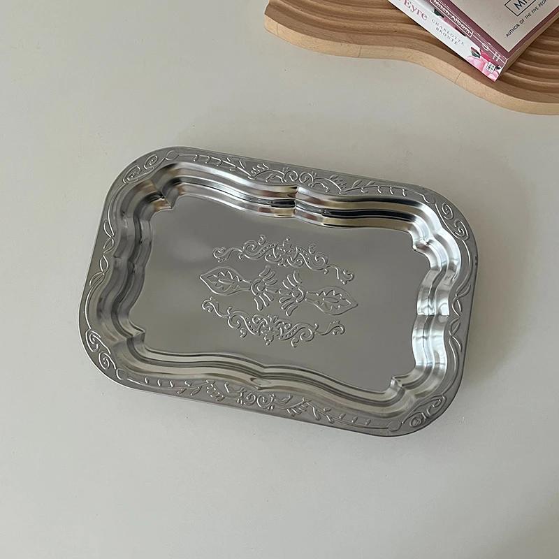 

Vintage Stainless Steel Tray Floral Embossed Serving Trays For Dessert Rectangular Jewelry Storage Plate Home Decoration Tool