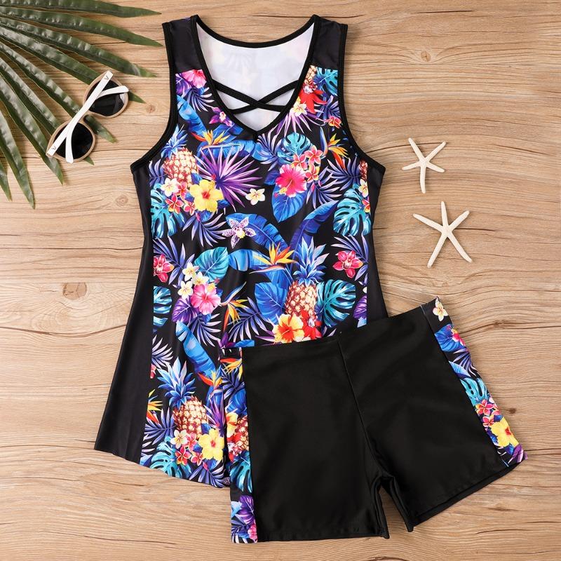 Women's Shoulder Strap Swimsuit Gradient Coconut Tree Print Bikini Tankini Swimsuit