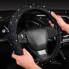 Women Fashion Black Velvet Bling Steering Wheel Cover with Black Diamonds,15 Inch Standard Glitter Rhinestone Car Wheel Cover