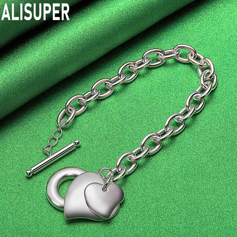 925 Sterling Silver Heart-To-Heart Side Chain Charm Romantic Bracelet Gift Jewelry