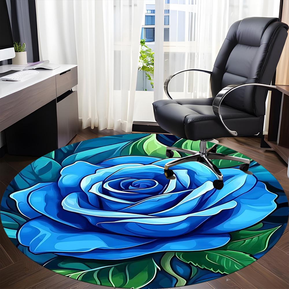 1pc Blue Rose Office Round Area Rug, Indoor Mat Suitable ForOffice, Under Office Chairs Bedroom Living Room Home Decor, Room Deco  D095