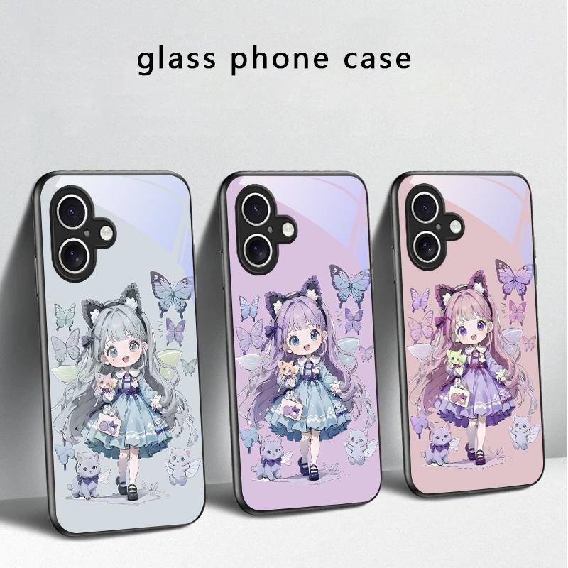 Q-version Blue Butterfly For iPhone 17 Air 16 E 15 Plus 14 Pro Max 13 12 Mini 11 5 6 7 8 Plus XR XSMax SE Black Glass Phone Case