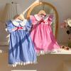 Plaid Princess Dress with French Doll Collar, Lace Trim, Flutter Sleeves, Bow, Summer 2026 Style for Girls.