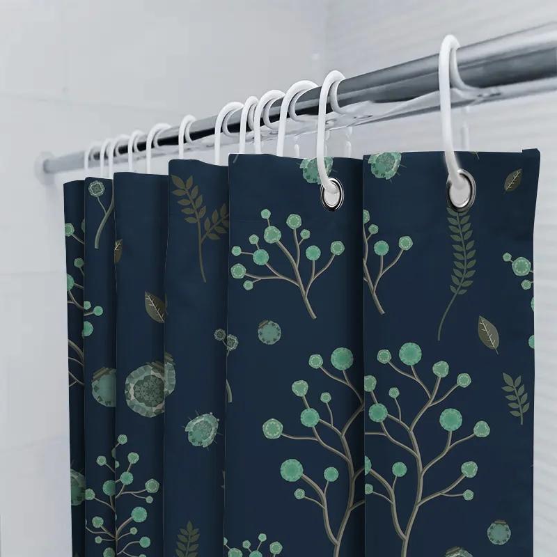 Luxury Blue Bath Shower Curtain Decorative Forest Pattern With Leaves Berries Waterproof Fabric For Bathroom Decoration