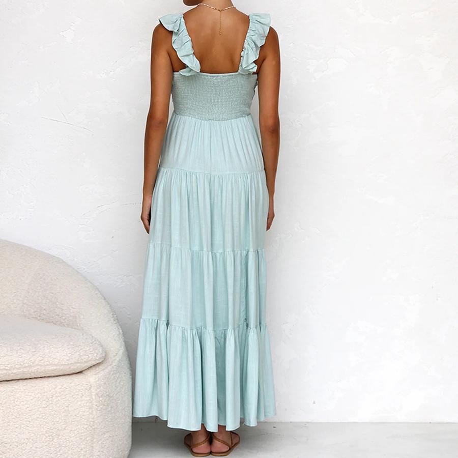 Frühling/Sommer Sexy V-Ausschnitt Baumwolle Leinen Ärmellos Einfarbige Borte Urlaubs Strandkleid