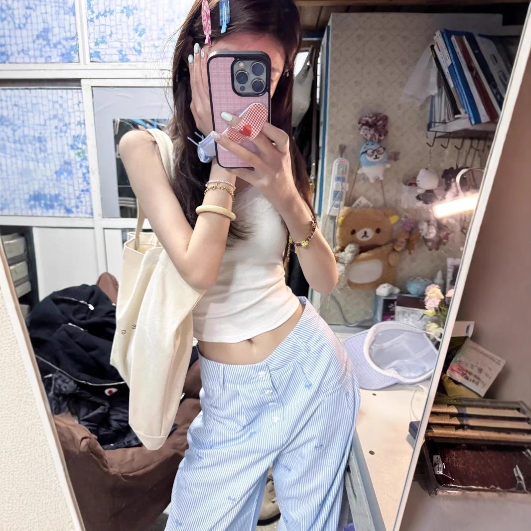 

2025 Spring/Summer Women s Blue Embroidered Bow Striped Wide-Leg Pants XL