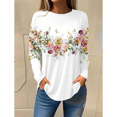 Women's T Shirt Basic Floral Print Long Sleeve Regular Tops Round Neck Holiday Weekend White Pink