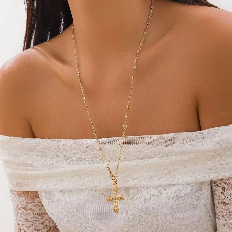 Y2K Fashion Boho Geometric Colored Crystal Chain Necklace For Women Female Vintage Gold Color Metal Cross Pendant Zircon Gift