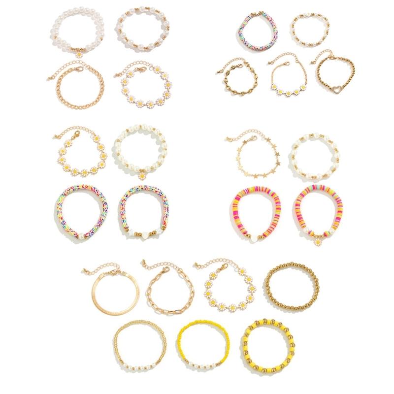 Daisy Pendant Bracelet Set with Faux Pearls Colorful Beaded Handchain Accessory Stackable Wristchain for Women Girls