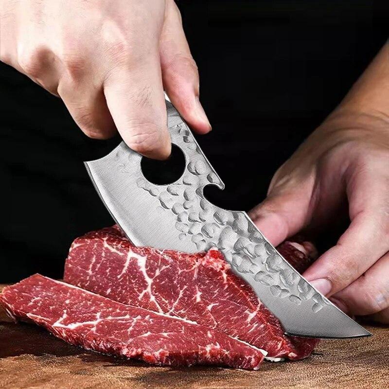 Stainless Steel Butcher Knife Meat Cleaver Forged Hammered Boning Knife Colored Wooden Handle Slicing Knife Ring Corkscrew