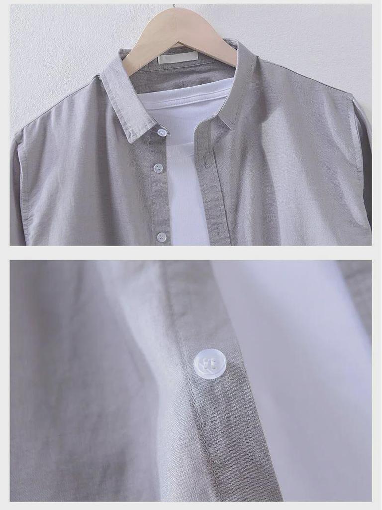 Men's White Long-Sleeve Linen Shirt - Casual Spring/Summer Lapel Style