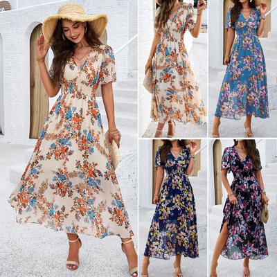Damen Frühling und Sommer Temperament Bedrucktes Kurzarmkleid mit Taillenverschluss