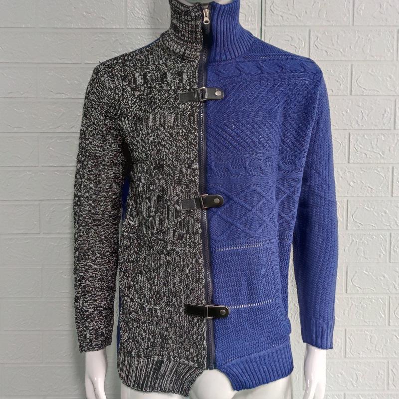 Men's Plus Size Color Block Buckle Knit Cardigan - High-Neck Long Sleeve Sweater for Autumn/Winter