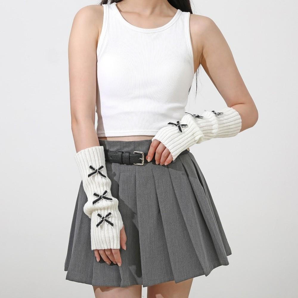 Thicken Y2K Fingerless Gloves Soft Knitted Sleeve Cover Fashion Bow Arm Warmers  Winter