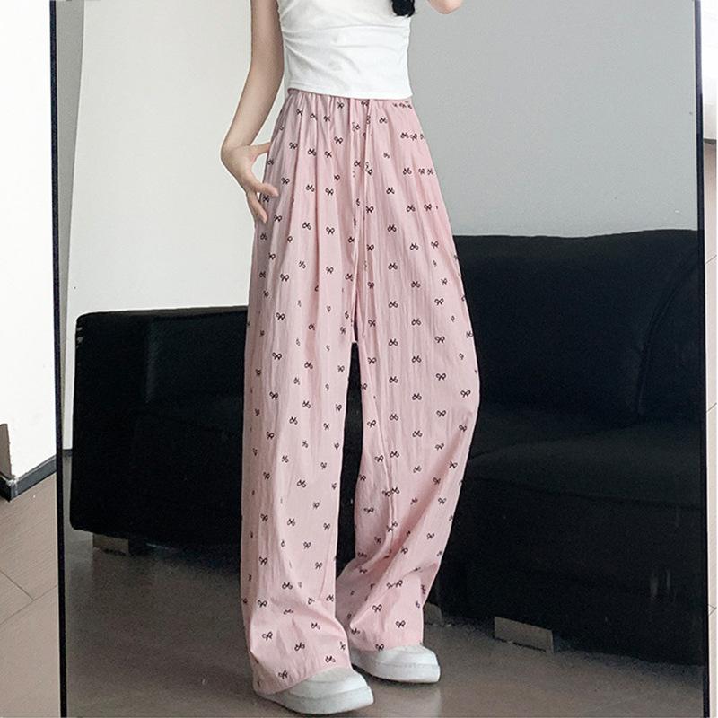 Women's Pants Elastic Waist Printed Tie Straight Draped Casual Pants Long Trousers