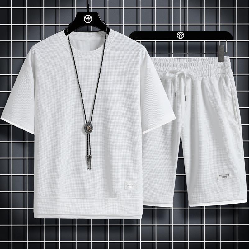 Men's Hong Kong Style Loose Two-Piece Waffle Sports Suit