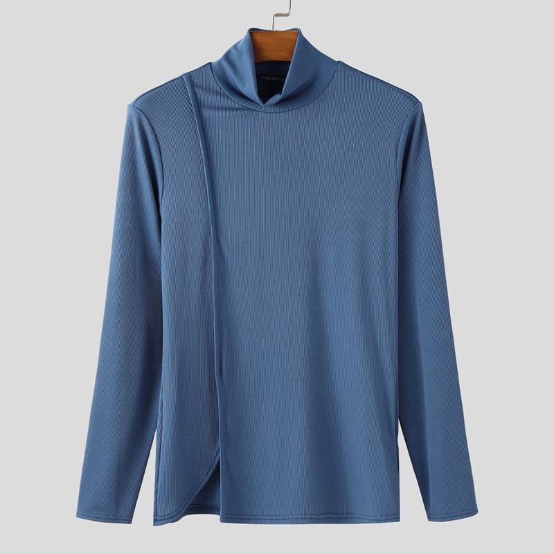 INCERUN Men High Neck Long Sleeve Rib Side Splits Casual Fitted Tops T-shirts Undershirts