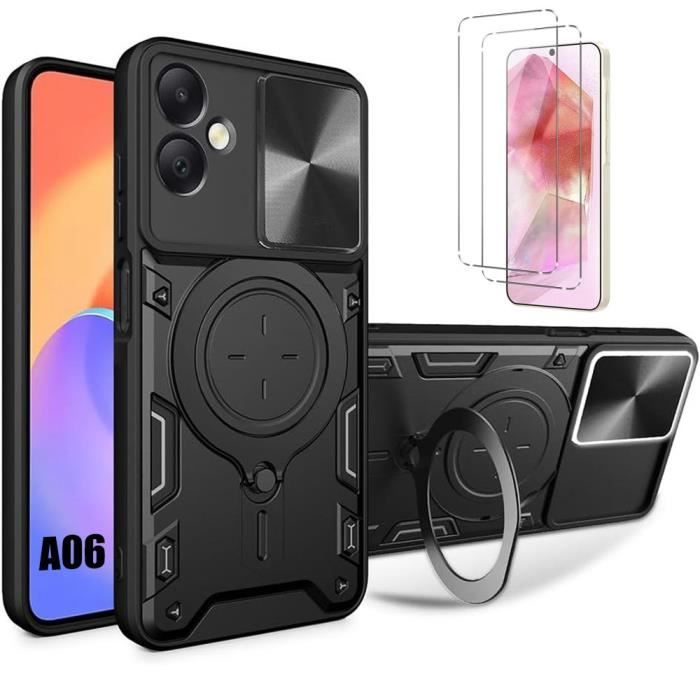 Coque + 2 Verres Trempés pour Samsung Galaxy A06, Coque avec Anneau Support Cache Caméra - Noir