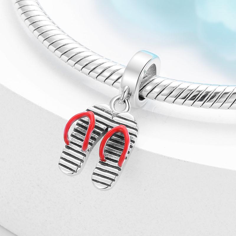 Real 925 Sterling Silver Pretty Dance Shoe Enamel Pink Pendants Fit Bracelet Beads Fashion Jewelry Accessories Wholesale Jewelry