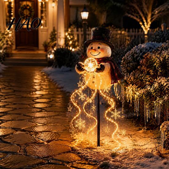 Outdoor Holiday Decorative Lighting Solar Snowman Garden Light with Flowing Snowflakes, LED Christmas Waterfall Patio Ornaments Star, Weatherproof