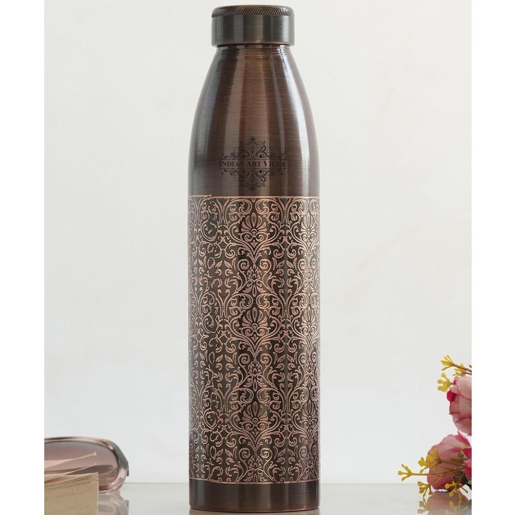 100% Pure Copper Water Bottle, Antique Dark Embossed Design, Ayurvedic Vessel for Yoga & Health, 900ml