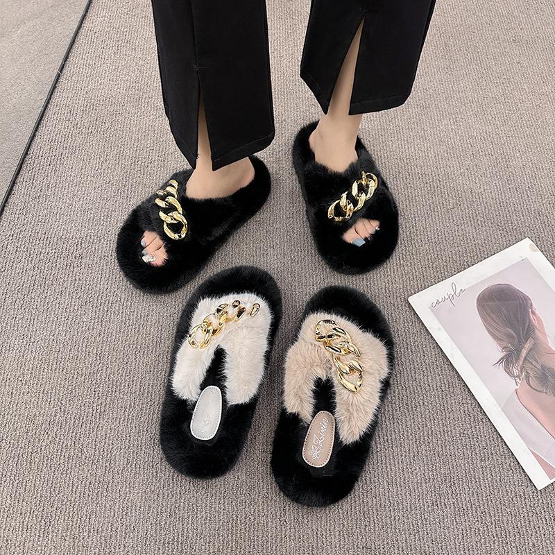 European Mao Mao Slippers Women Wear High Sense 2025 New Spring and Summer Internet Celebrity Flat Bottom Chain Home Plush Slippers
