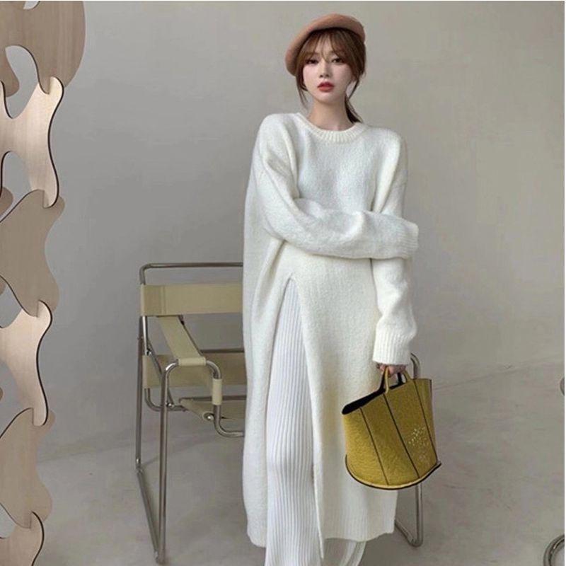 

Продвинутый и непринужденный пуловер, вязаное платье с боковым разрезом для женщин, неправильный силуэт, базовый, свитер длиной до колена, длинная юбка One Size белый