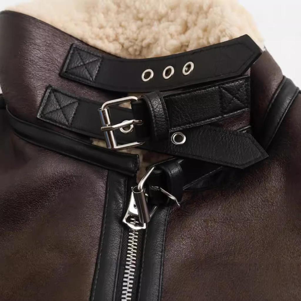 VAYLA Women Retro Loose Spliced Faux Leather Soft Fur Short Jacket Winter Female Zipper Belt Coat Vintage Outwear