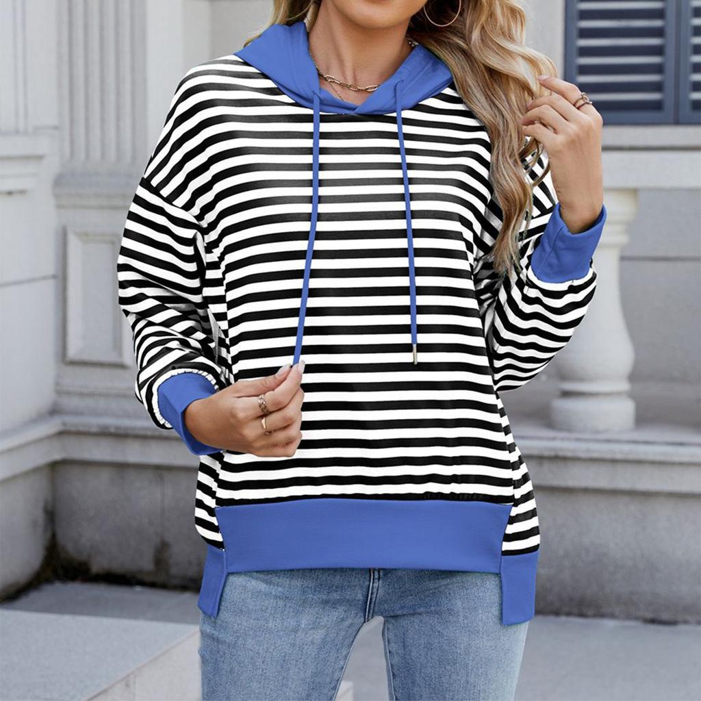Damen Modischer Lässiger Gestreifter Kapuzenpullover mit Tasche Locker Langärmlig