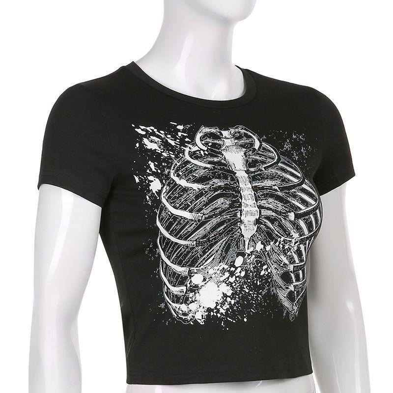 Black Woman Y2K Tees Punk Goth Retro Printed T Shirt Short Sleeve Summer Girl Harajuku Crop Tops