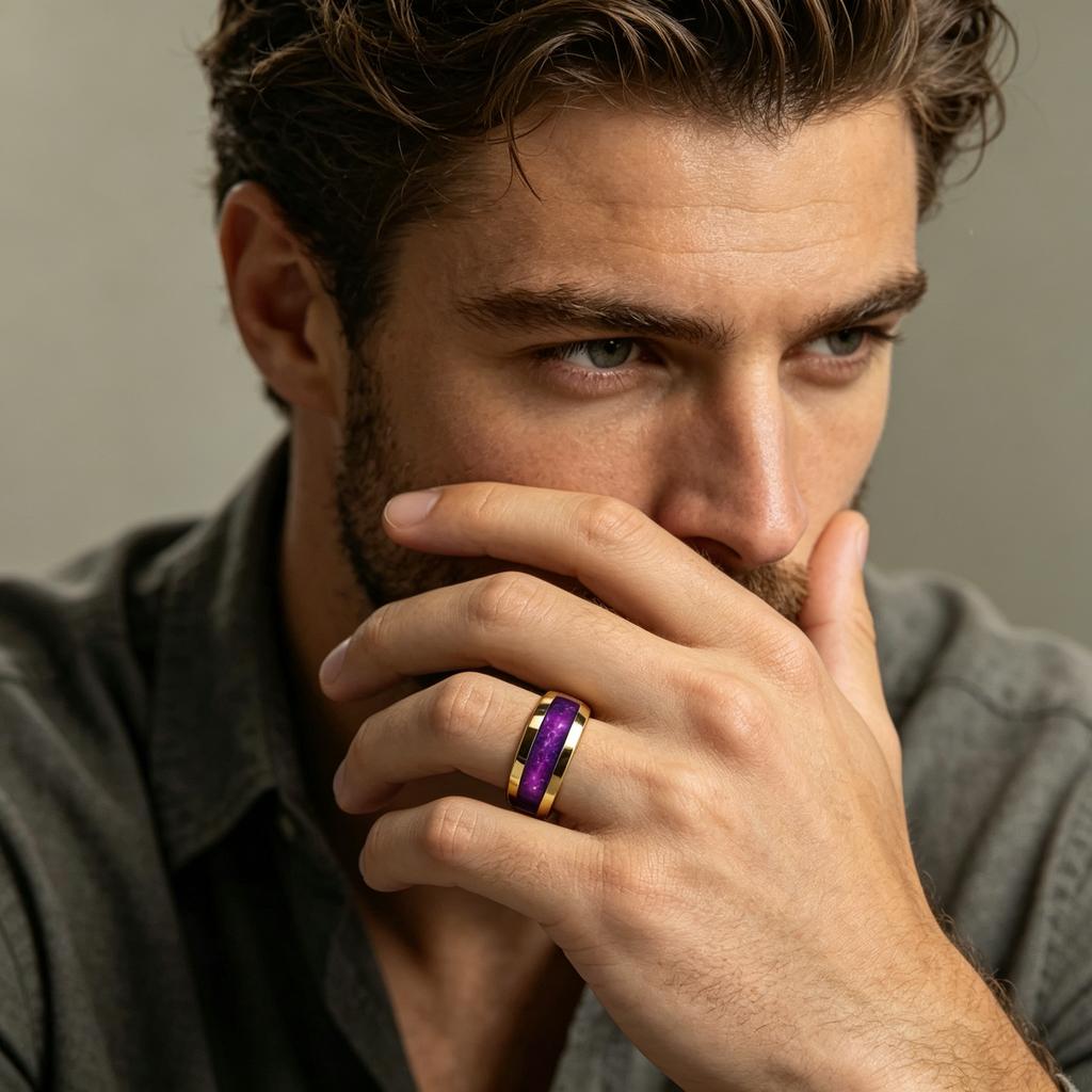 Fashion Men's Stainless Steel Rings Violet Gradient Purple Nebula Inlay Ring for Men Jewelry Suitable for Daily Wear, Non-Fade