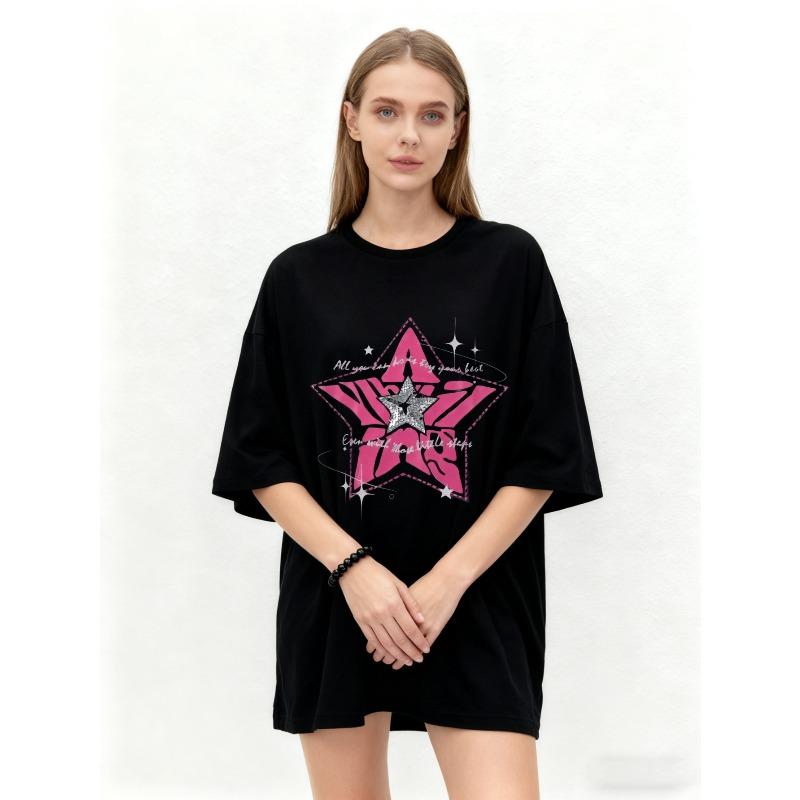 Oversized T Shirt Black Pink Star Graphic Print With Sparkle Text All You Need Is Love And A Little Magic Casual Streetwear For Women