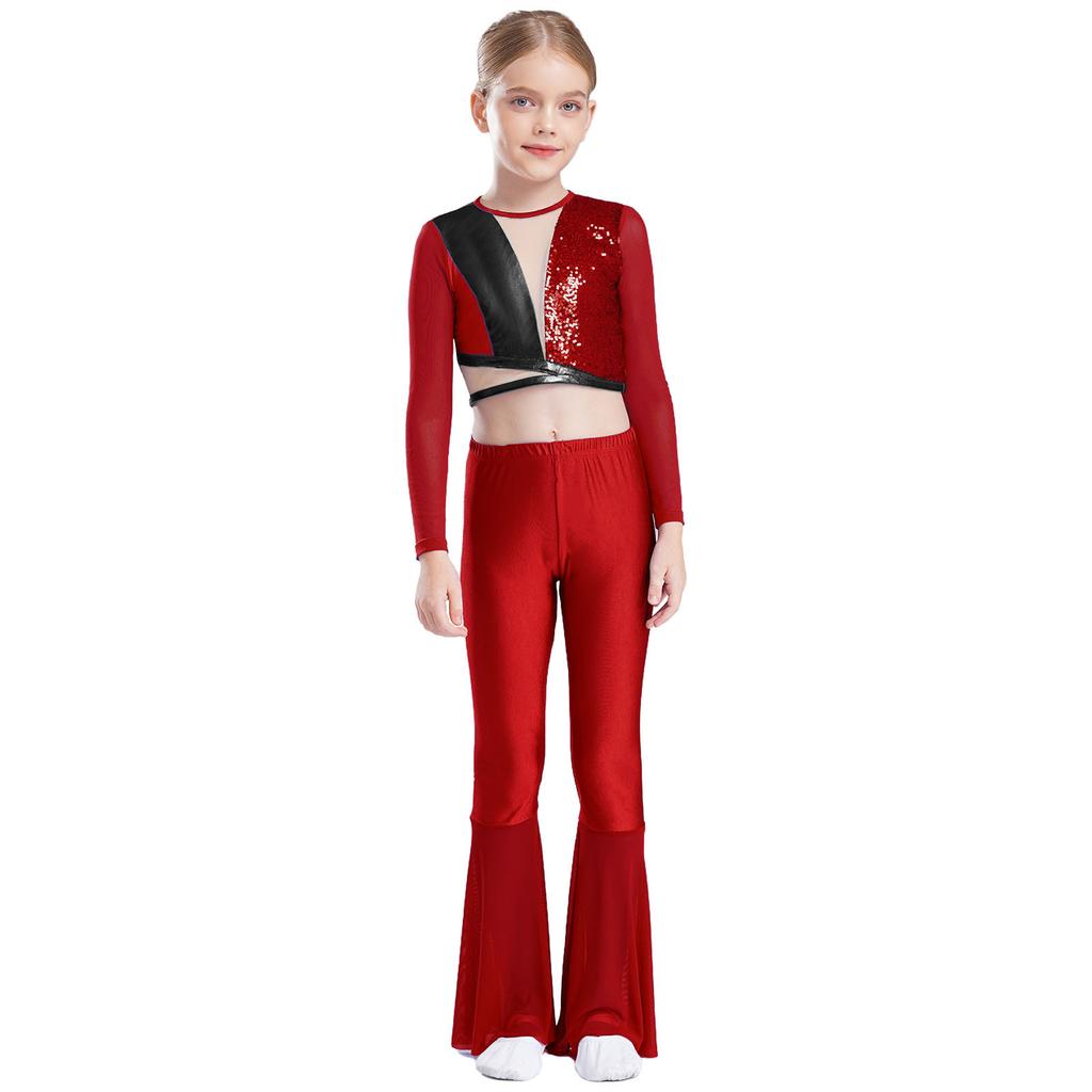 Girls Metallic Sequin Dance Set Long Sleeve Crop Top Paired with Sheer Mesh Bell Bottom Pants Performance Outfit