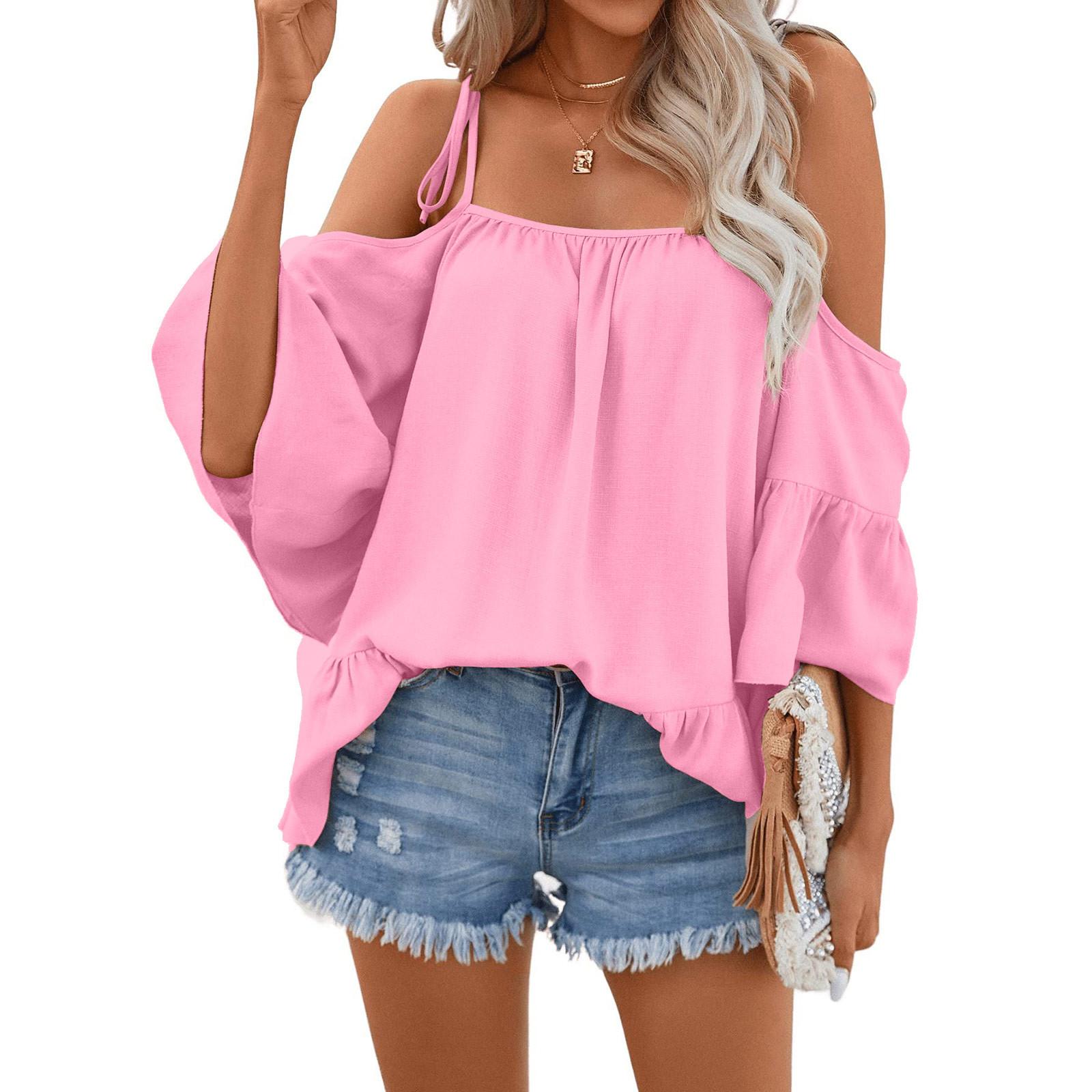 

Летняя женская свободная милая блузка с рюшами и завязками на плечах и рукавами 3/4 XL красный