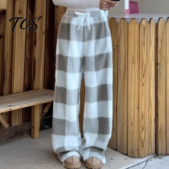 Warm Winter Pajamas for Women Plaid Wide Leg Pants, Drawstring High Waist Thick Coral Fleece Cozy House Pants Loungewear, Anti-Pilling Casual