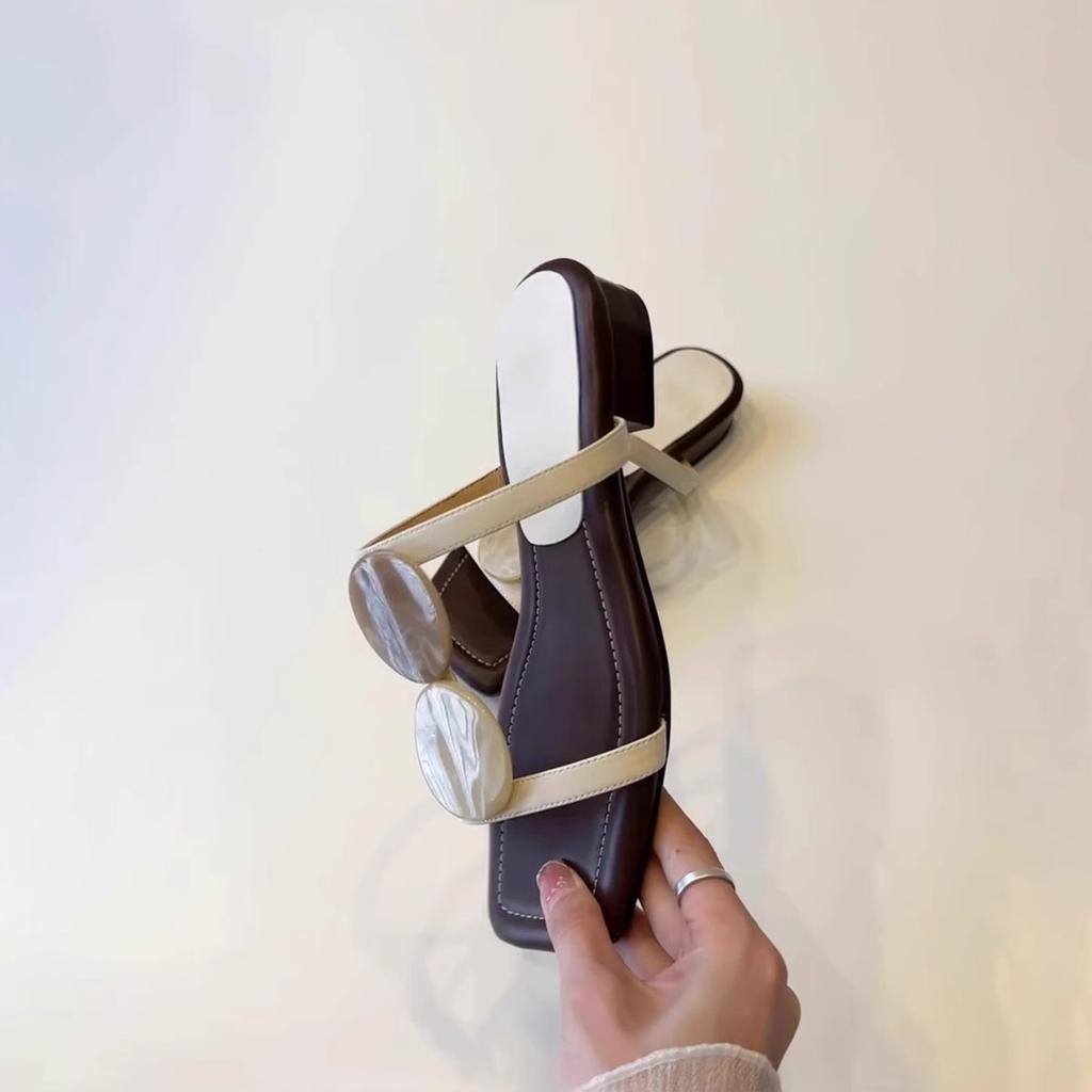 [Fanfna] French One-word Cool Slippers for Women, Open-toed Square Head Temperament Roman Shoes, Flat Beach Shoes for Women